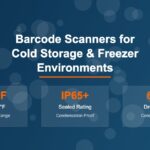 Infographic showing key specifications for cold storage barcode scanners including temperature range, IP rating, and drop specifications