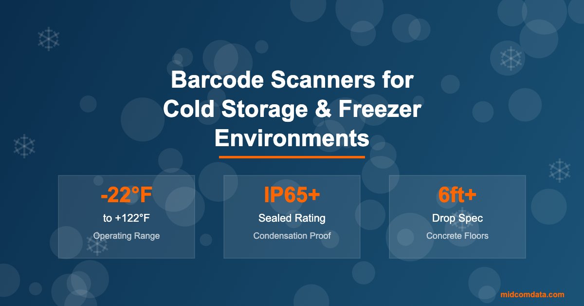 Infographic showing key specifications for cold storage barcode scanners including temperature range, IP rating, and drop specifications