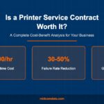Infographic showing printer service contract cost-benefit analysis with key statistics: $5,600/hr average downtime cost, 30-50% failure rate reduction, and 4-24 hour guaranteed response time