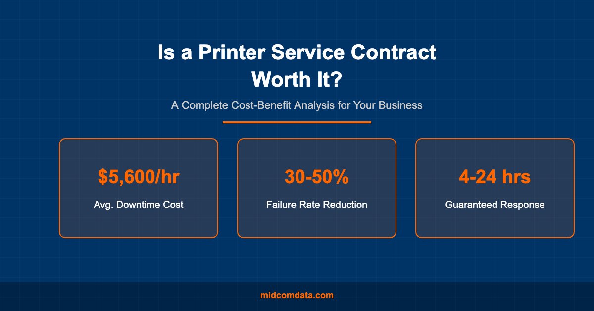 Infographic showing printer service contract cost-benefit analysis with key statistics: $5,600/hr average downtime cost, 30-50% failure rate reduction, and 4-24 hour guaranteed response time