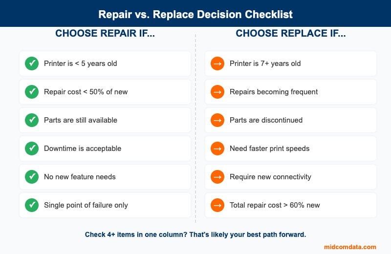 Side-by-side decision checklist helping warehouse managers determine whether to repair or replace their thermal printer based on age, cost, parts availability, and feature needs