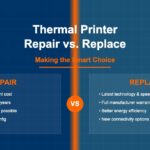 Infographic comparing thermal printer repair versus replacement options with key benefits of each approach for warehouse and logistics operations