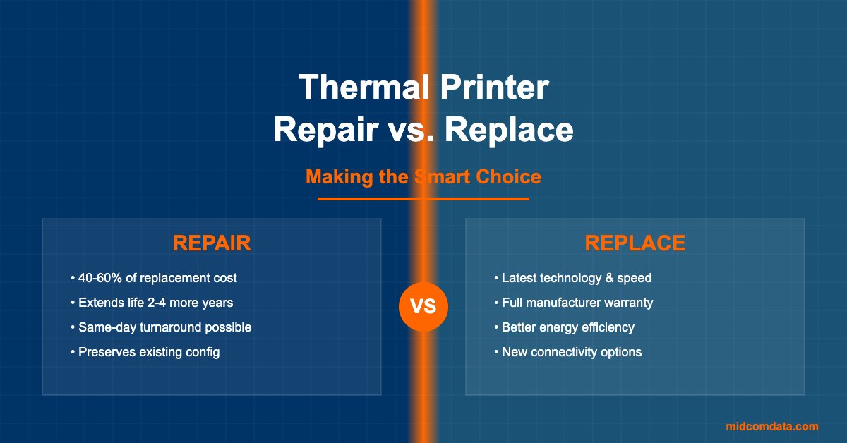 Infographic comparing thermal printer repair versus replacement options with key benefits of each approach for warehouse and logistics operations