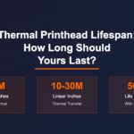 Infographic showing thermal printhead lifespan statistics for direct thermal and thermal transfer printers with maintenance tips