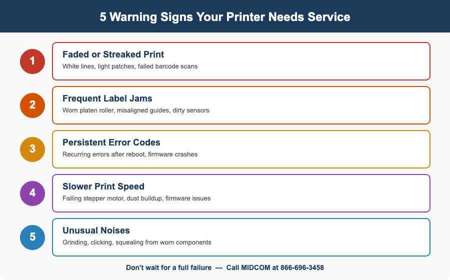 Infographic showing 5 warning signs a thermal printer needs service: faded print, label jams, error codes, slow speed, and unusual noises