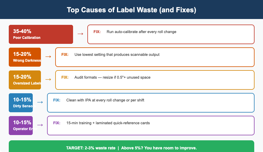 Infographic showing the top 5 causes of thermal printer label waste with percentage breakdowns and fixes: poor calibration 35-40%, wrong darkness 15-20%, oversized labels 15-20%, dirty sensors 10-15%, and operator error 10-15%