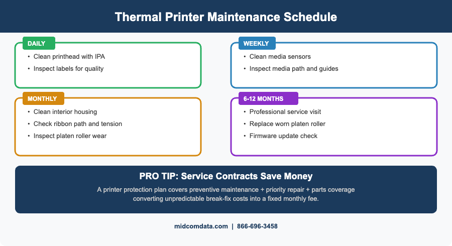 Maintenance schedule infographic for thermal printers showing daily, weekly, monthly, and semi-annual service tasks to prevent breakdowns
