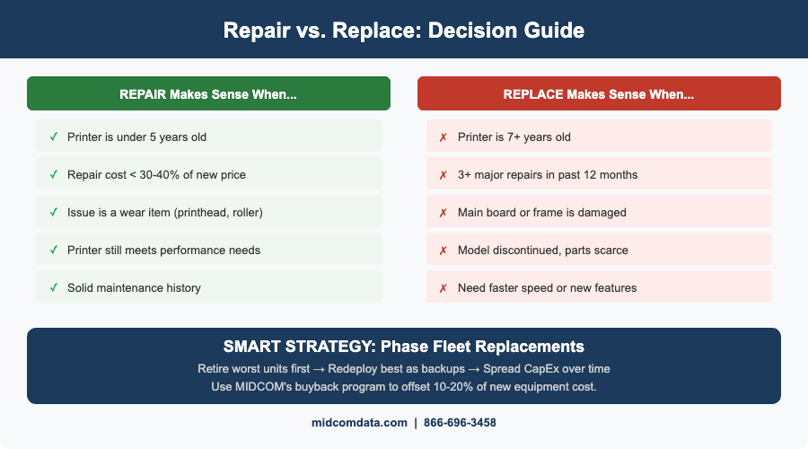 Decision guide infographic comparing when to repair versus replace a thermal printer based on age, repair frequency, cost thresholds, and performance needs