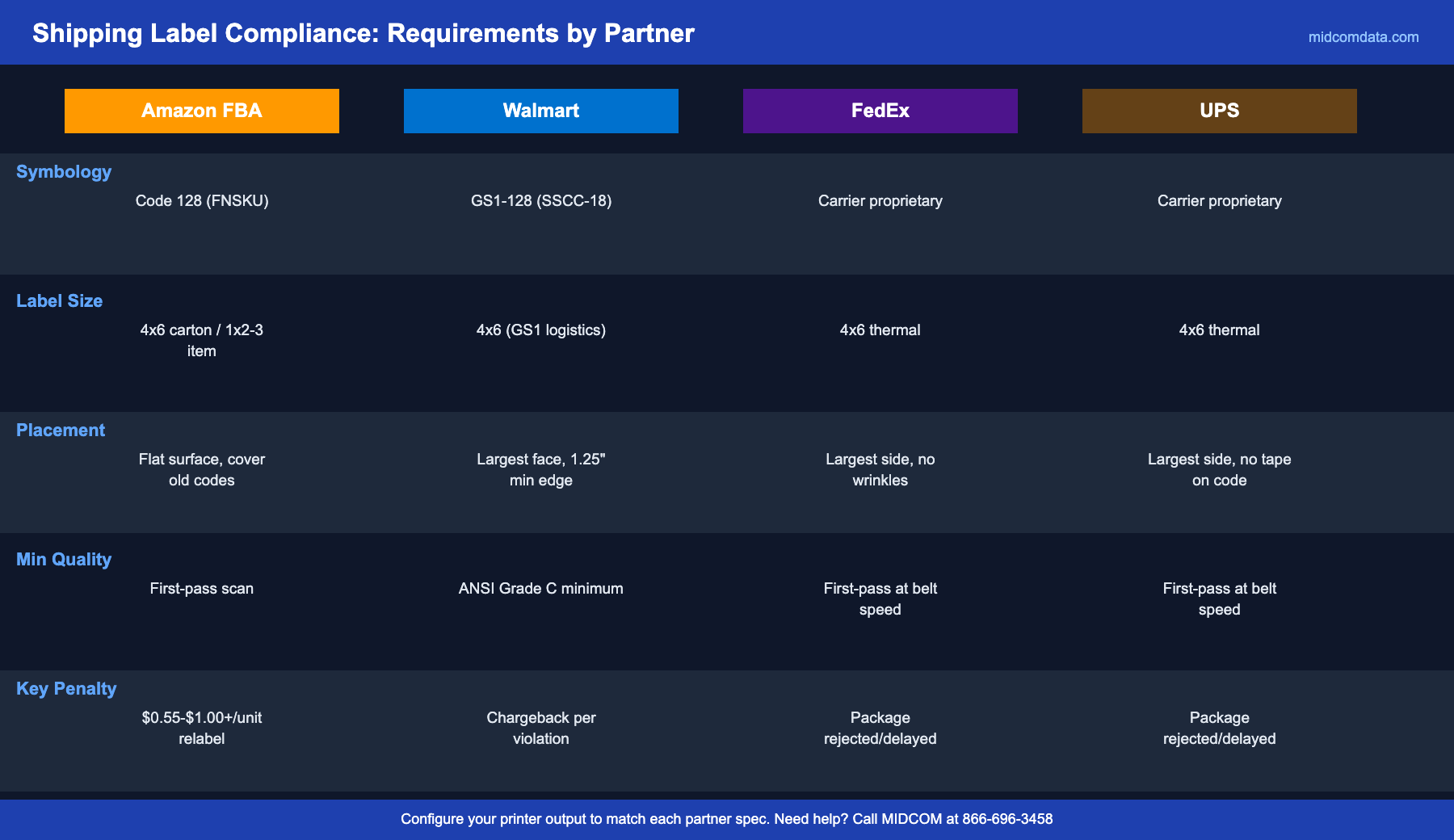 Comparison chart showing barcode shipping label requirements for Amazon, Walmart, FedEx, and UPS including symbology, label size, placement, and print quality standards