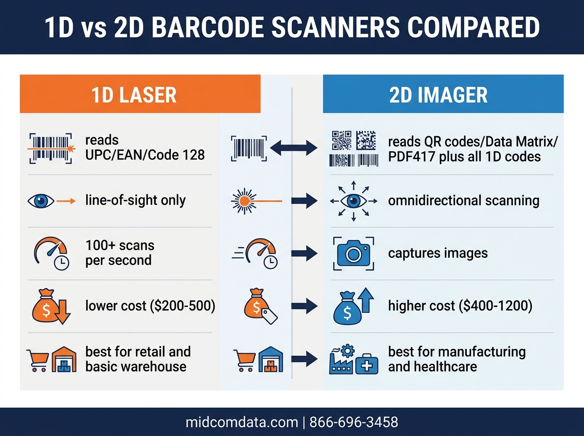Comparison chart of 1D versus 2D barcode scanners showing scan speed symbology support and typical use cases for warehouse and logistics operations