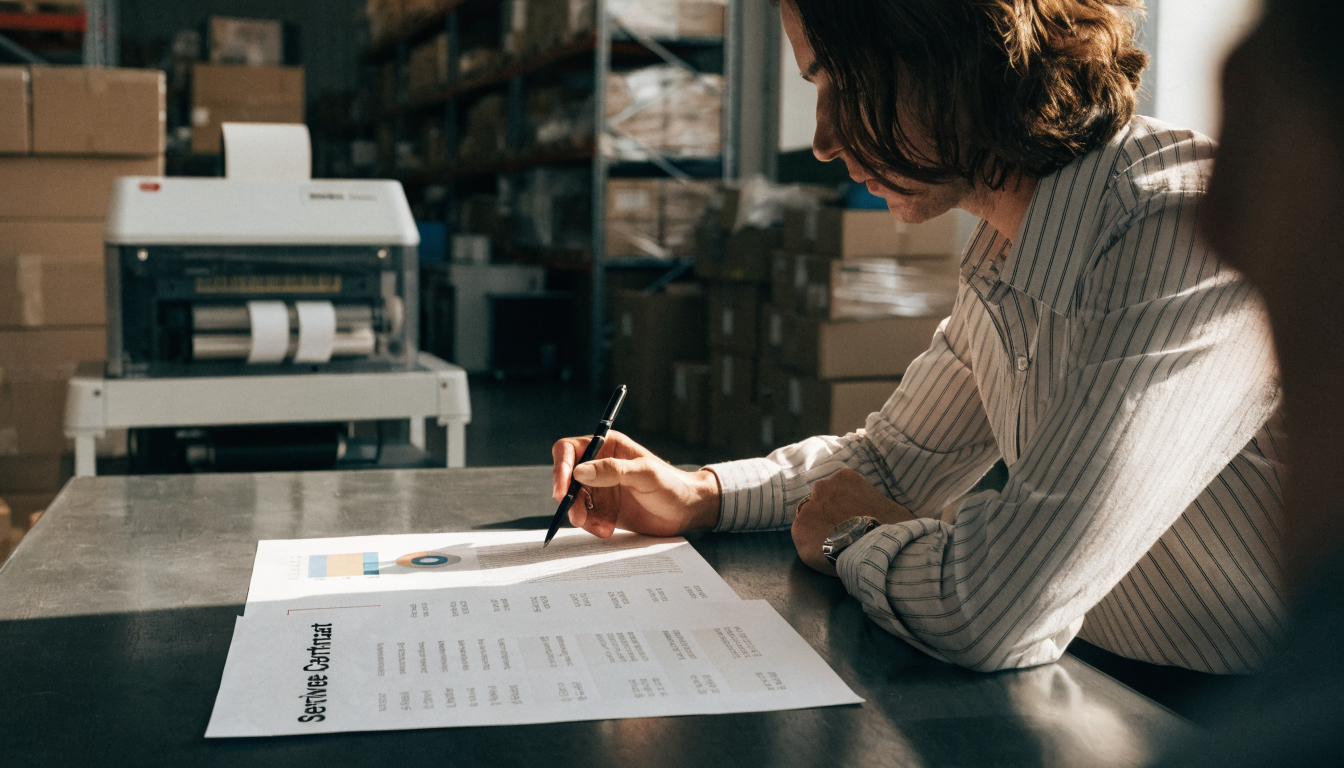 Technician servicing an industrial barcode printer under a service contract