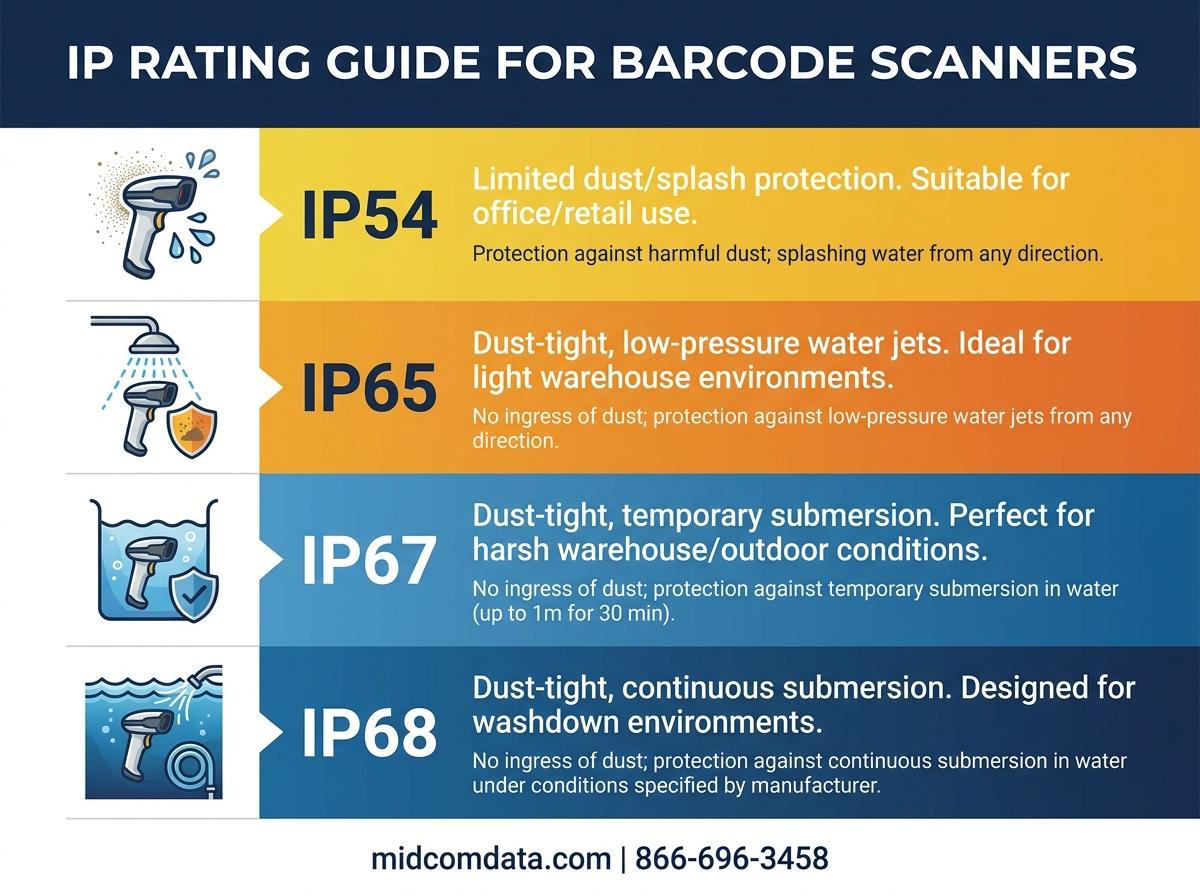 IP rating scale visual showing dust and water protection levels from IP54 to IP68 for industrial barcode scanners