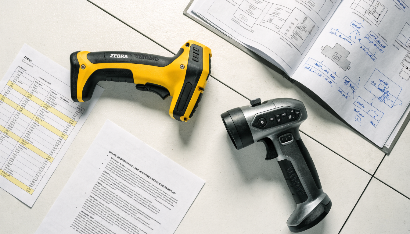 Industrial barcode scanner with spec sheet comparison on warehouse desk