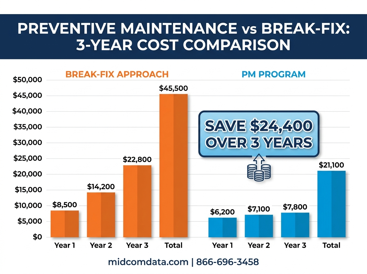 Bar chart comparing three year costs of preventive maintenance versus break-fix approach for thermal printer fleets
