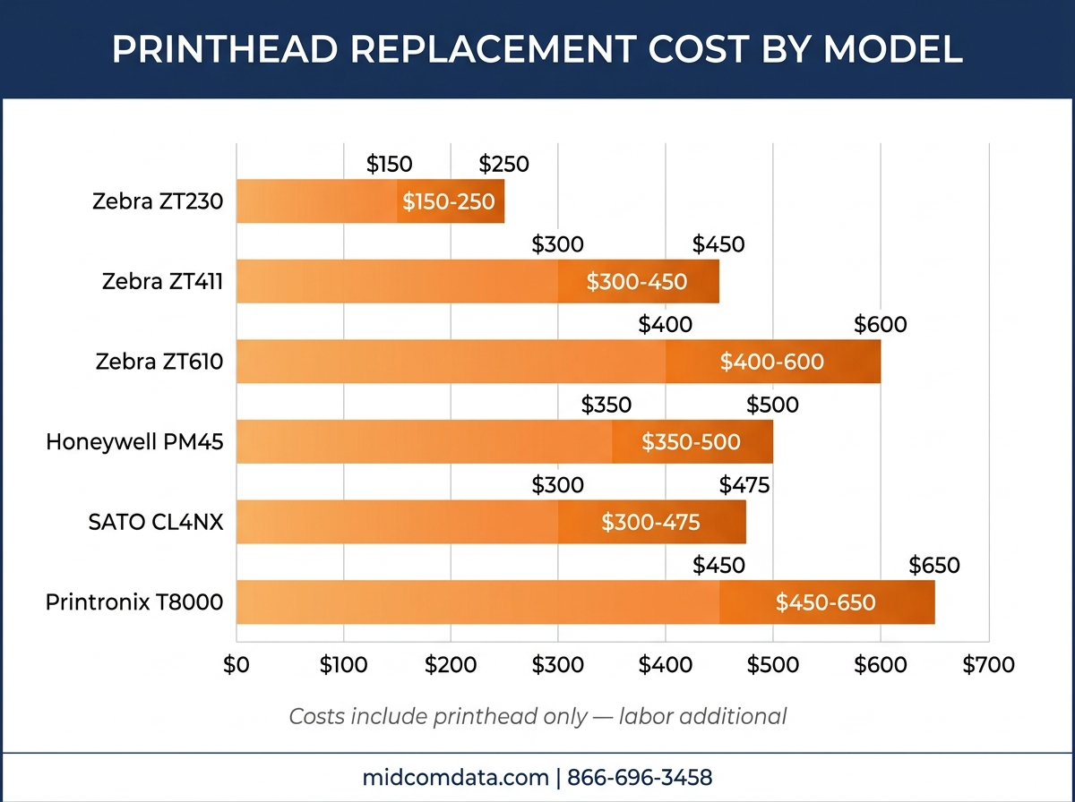 Bar chart comparing thermal printhead replacement costs by printer model including Zebra ZT411 ZT610 and Honeywell PM45