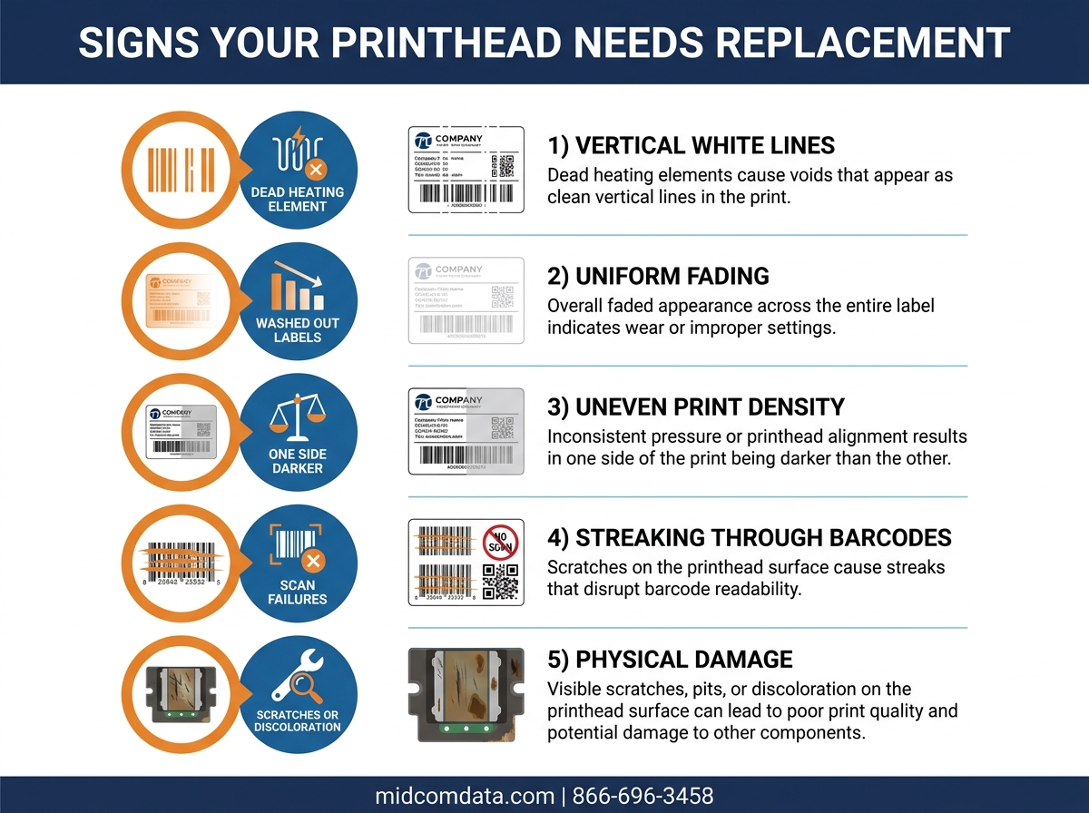 Diagnostic infographic showing five signs your thermal printhead needs replacement including faded prints, streaks, and uneven density