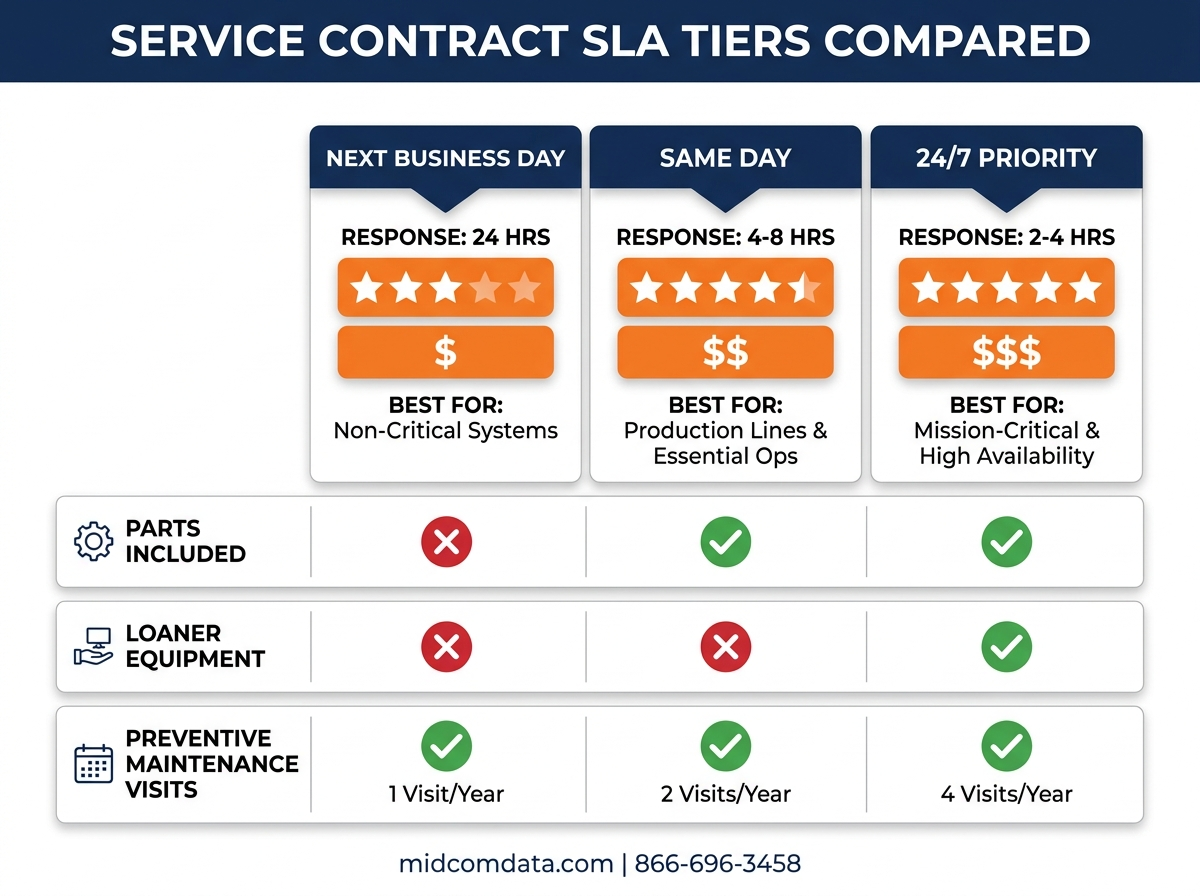 SLA tier comparison infographic showing response times and costs for next business day same day and 24-7 barcode printer service contracts