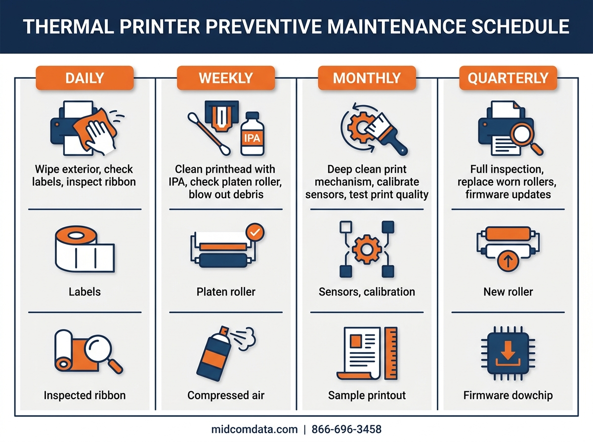 Thermal printer preventive maintenance schedule showing daily weekly monthly and quarterly tasks for optimal printer uptime