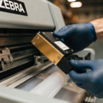 Technician inspecting a thermal printhead on an industrial barcode printer