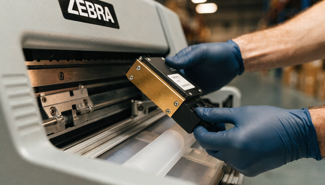 Technician inspecting a thermal printhead on an industrial barcode printer