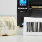 Faded barcode label on thermal printer showing label degradation