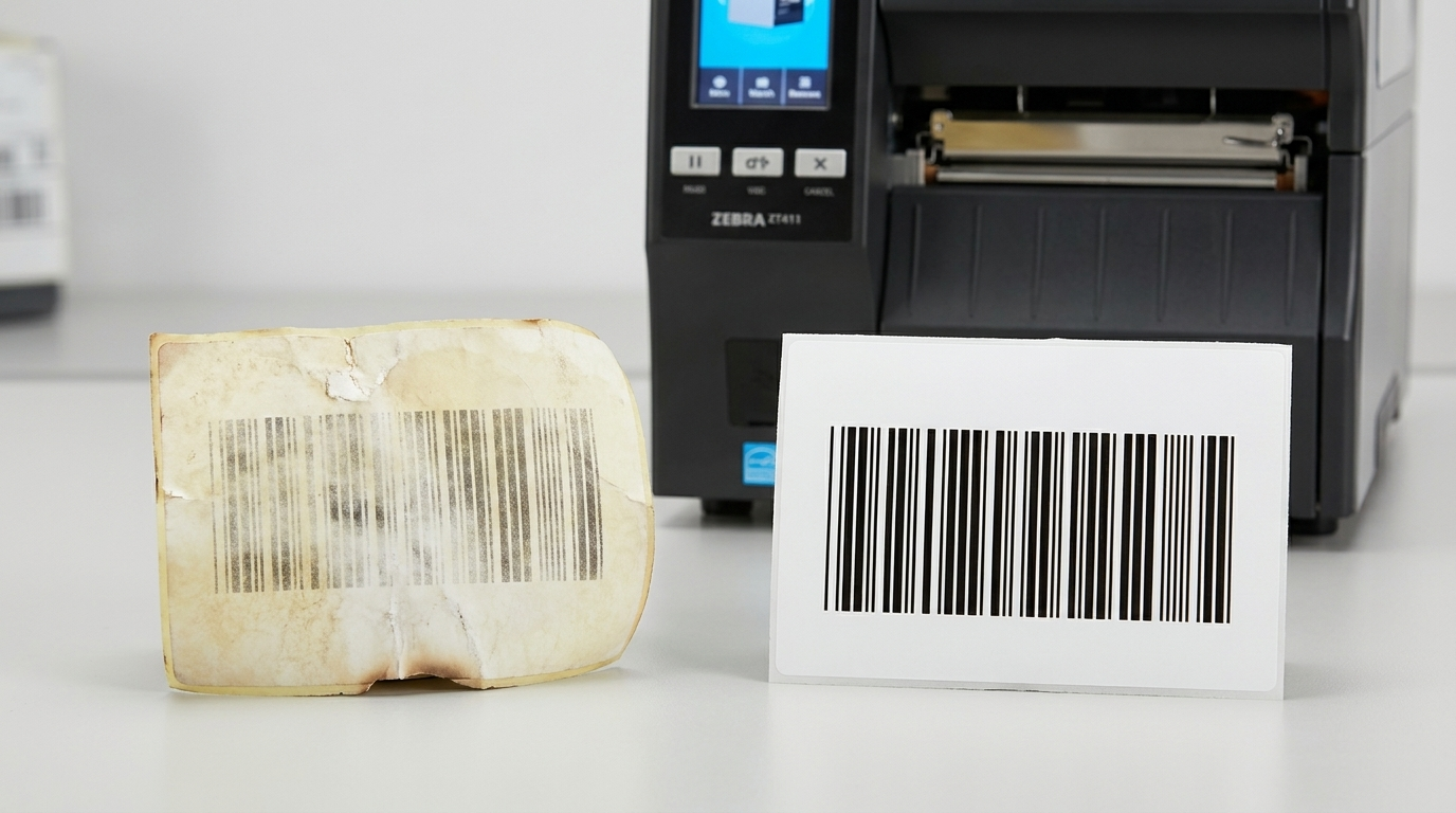 Faded barcode label on thermal printer showing label degradation