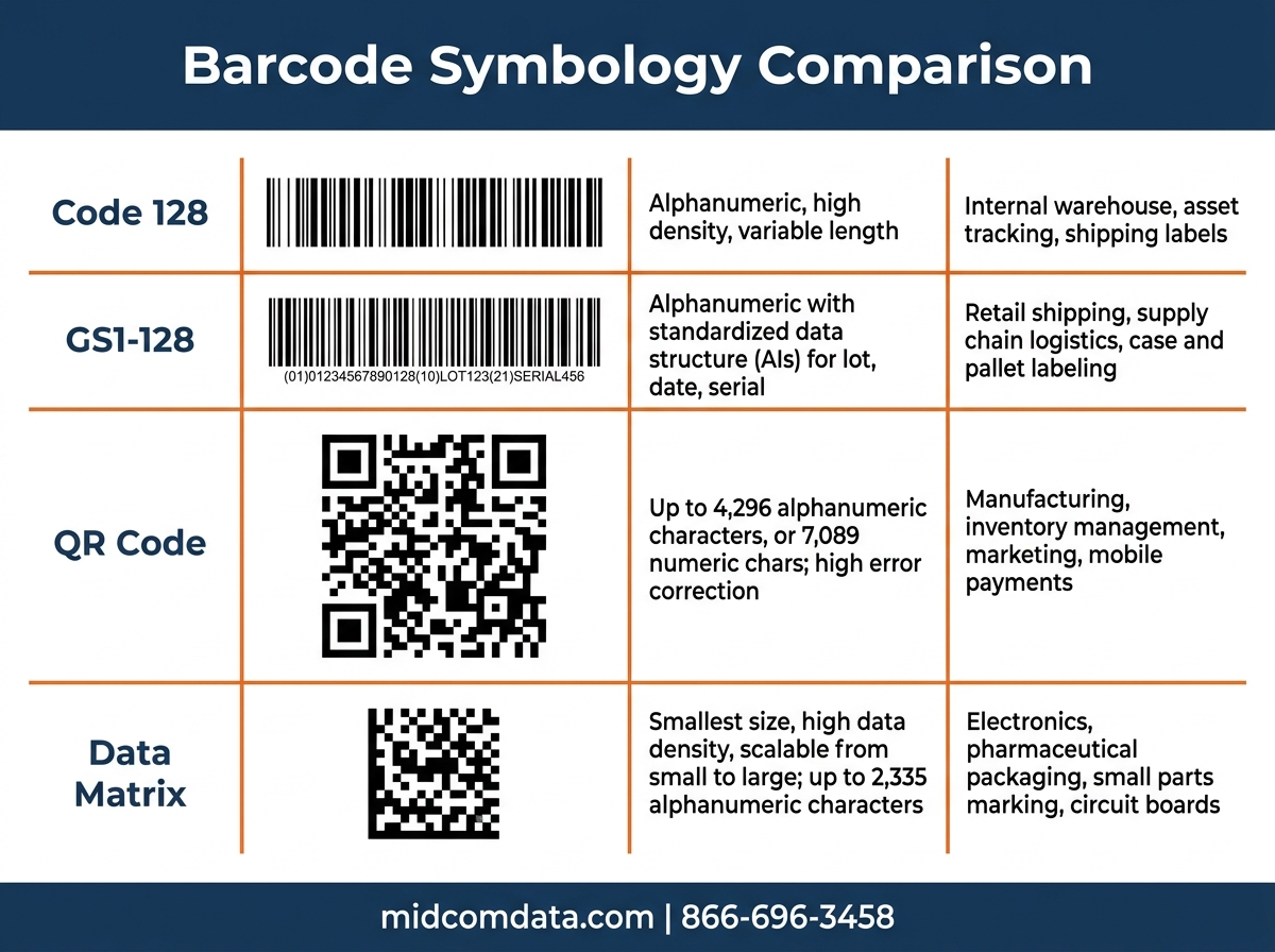 Infographic comparing barcode symbologies: Code 128, GS1-128, QR Code, and Data Matrix