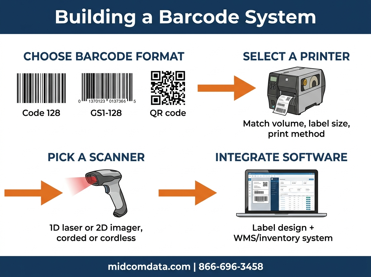 Infographic showing the components needed to build a barcode system: printer, scanner, software, and labels