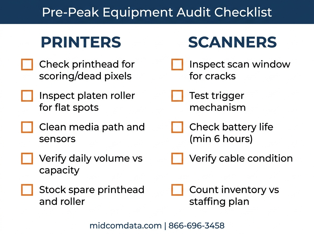 Infographic showing printer and scanner audit checklist for peak season preparation