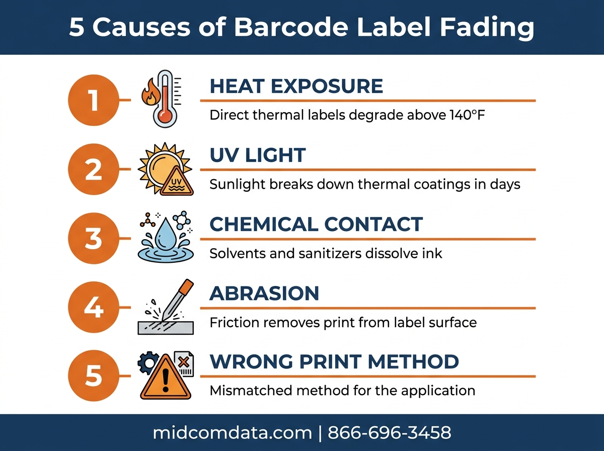 Infographic showing 5 causes of barcode label fading: heat, UV light, chemicals, abrasion, and wrong print method