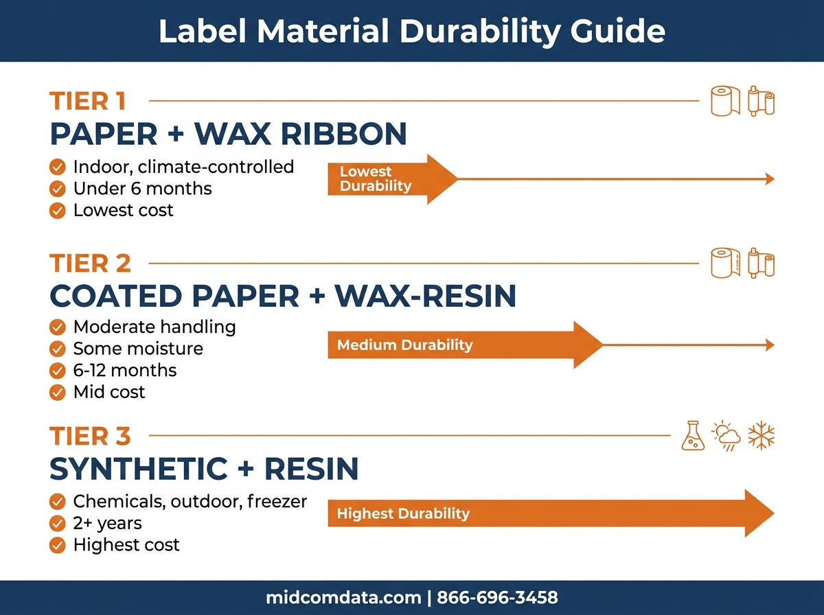 Infographic comparing label material durability: paper, polypropylene, and polyester with ribbon pairings