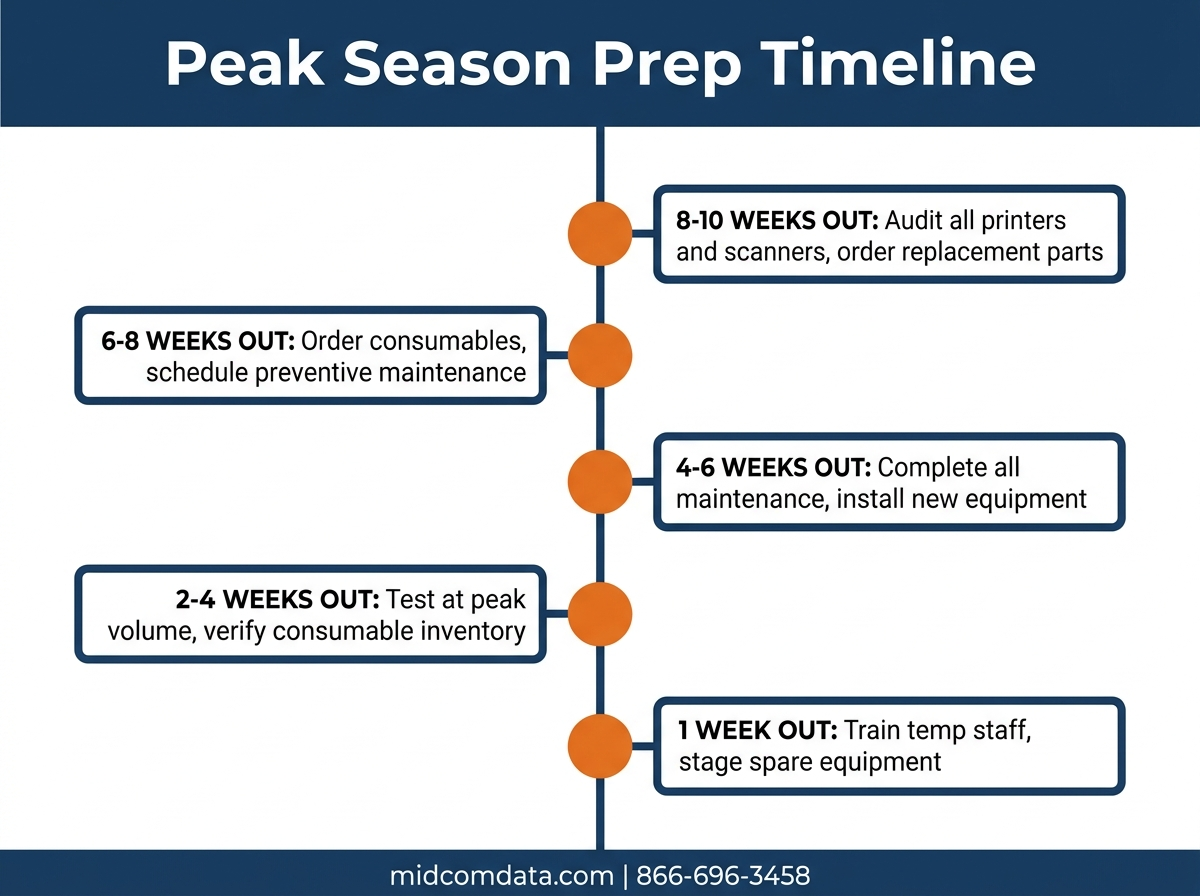 Infographic showing peak season preparation timeline from 10 weeks out to 1 week before peak