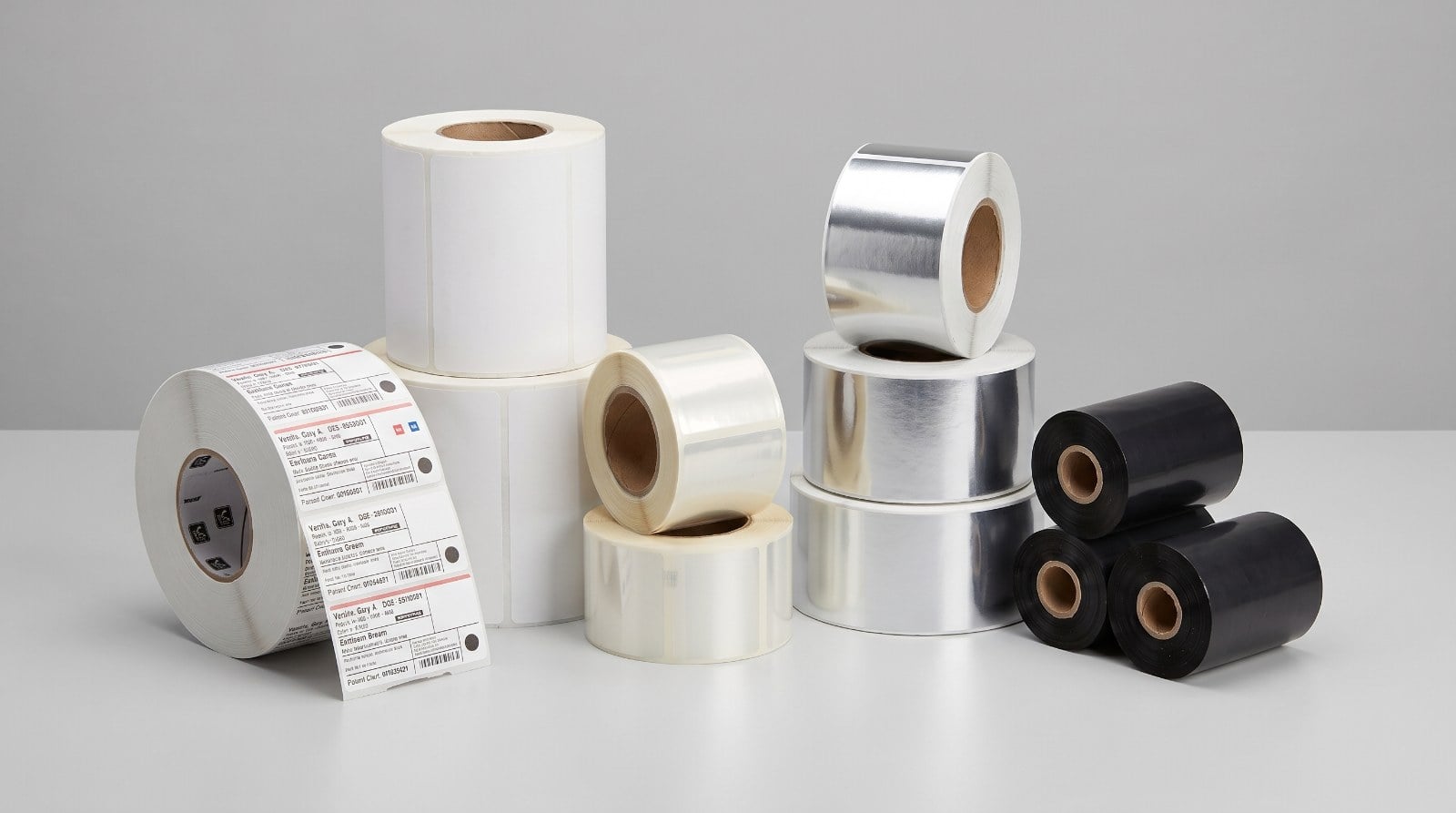 Thermal label rolls in paper, polypropylene, and polyester materials beside thermal transfer ribbon rolls