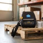 Zebra ZQ630 mobile label printer with shoulder strap on a warehouse pallet next to printed labels