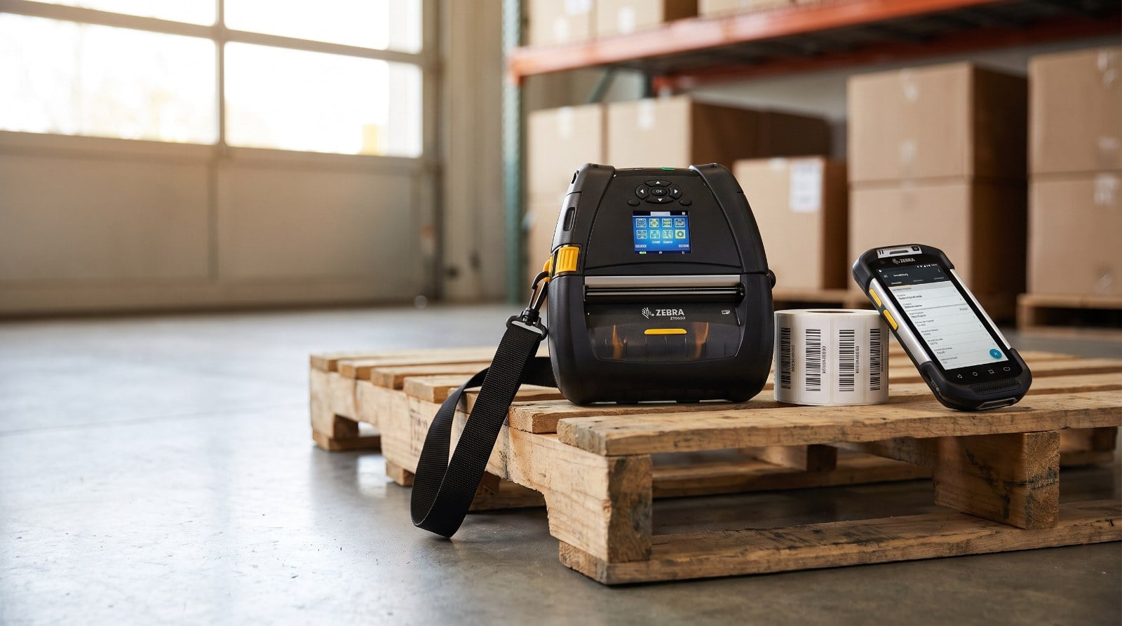 Zebra ZQ630 mobile label printer with shoulder strap on a warehouse pallet next to printed labels