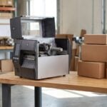 Idle Zebra ZT411 industrial thermal printer at a warehouse pack station with unlabeled cartons waiting