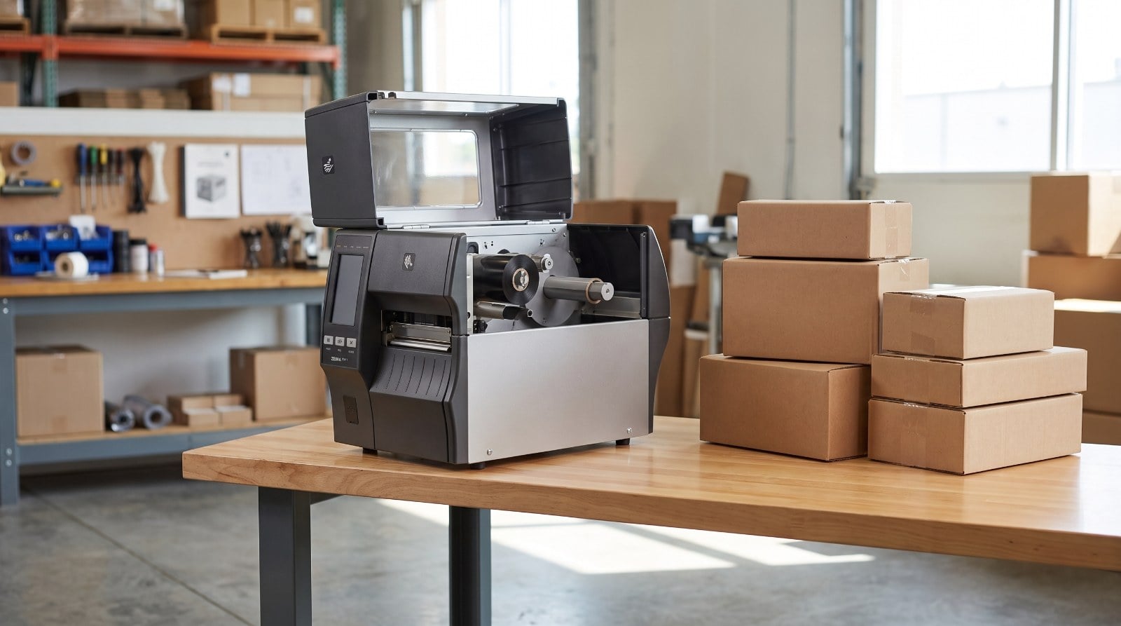 Idle Zebra ZT411 industrial thermal printer at a warehouse pack station with unlabeled cartons waiting