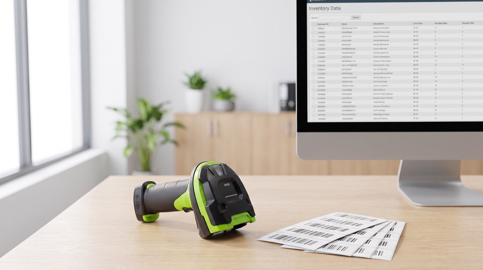 Barcode scanner on a desk beside a monitor showing inventory data and printed barcode labels