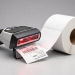Barcode verifier measuring a printed thermal label on a quality control workbench