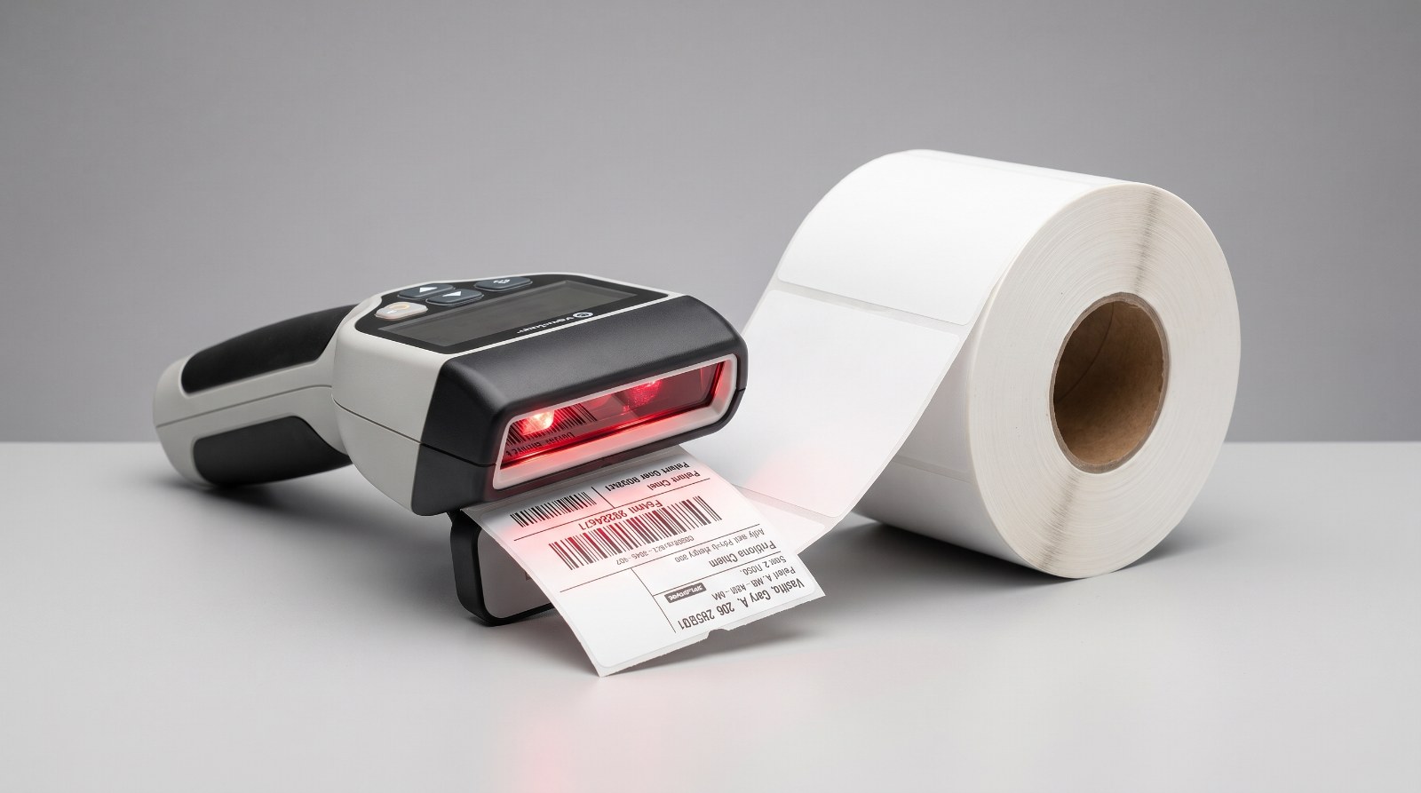 Barcode verifier measuring a printed thermal label on a quality control workbench