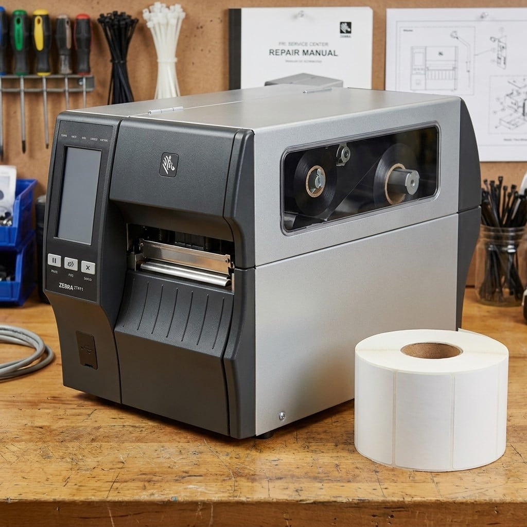 Zebra ZT411 industrial thermal printer on a service bench with a roll of thermal labels
